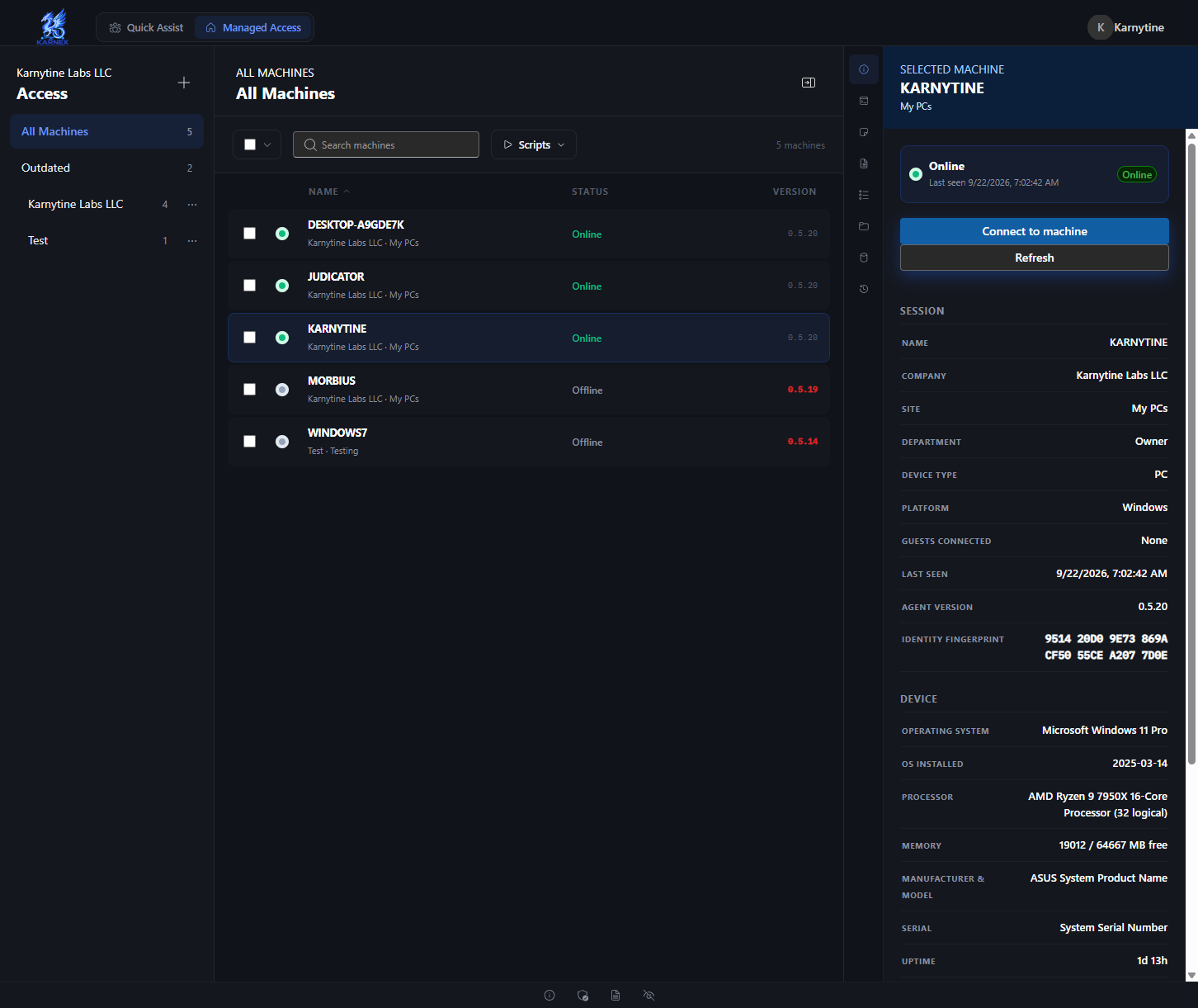The Karnex console showing a fleet of machines with one selected, its status, hardware and connect button visible on the right.