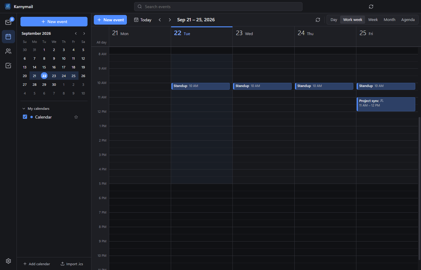 Karnymail's calendar showing a work week with a recurring standup and a project meeting.