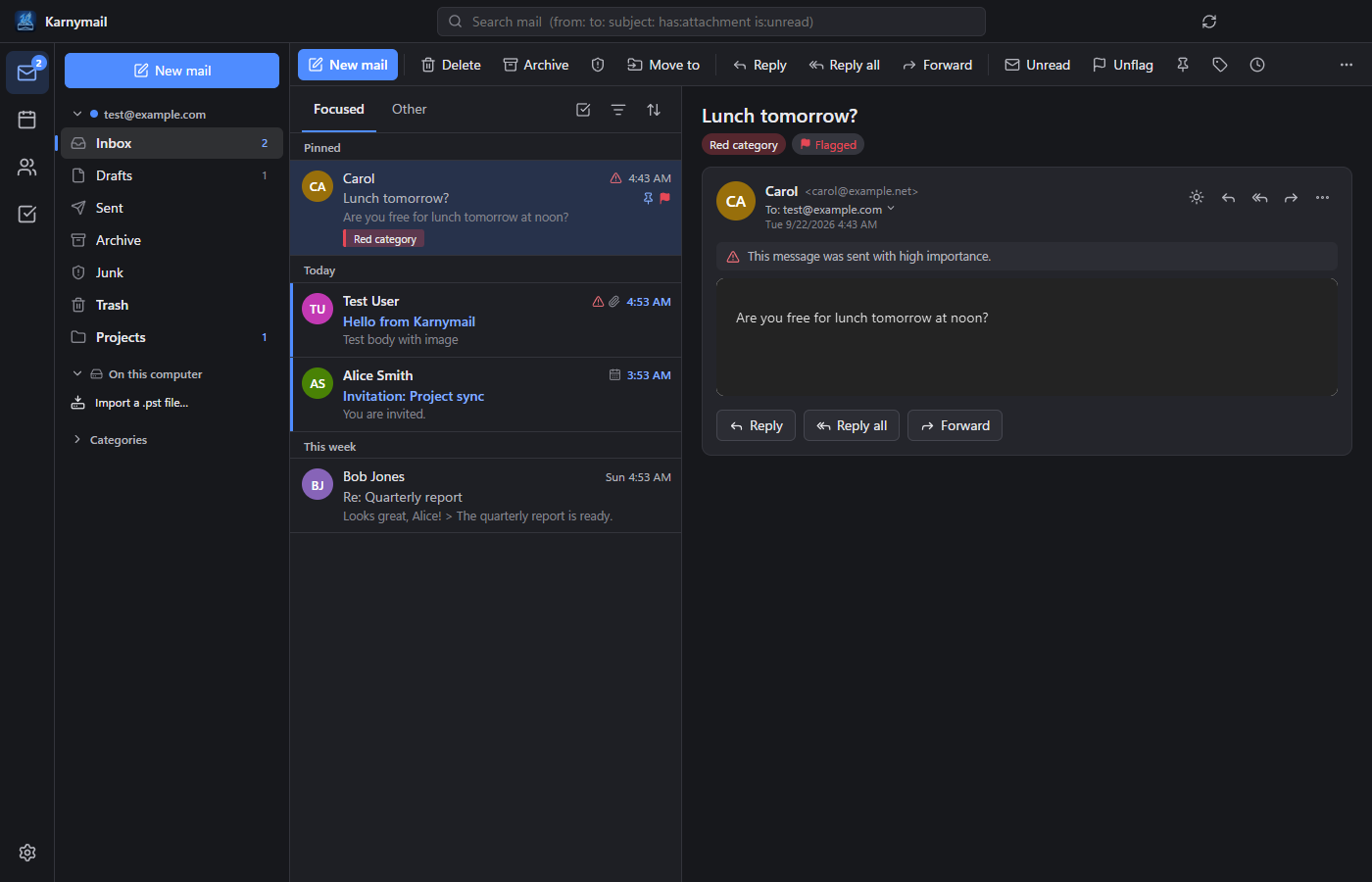 Karnymail's mail view: folders on the left, a Focused inbox in the middle and a message open on the right, all in a dark theme.